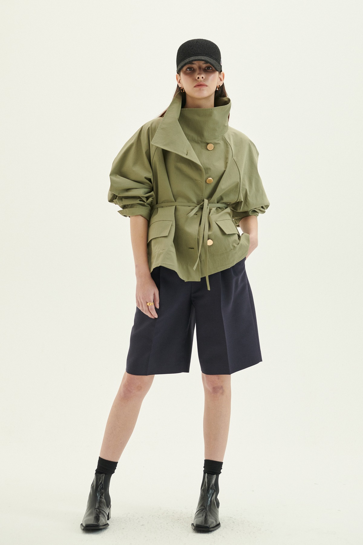 Signature Oversized Short Outer with Gold Button Khaki